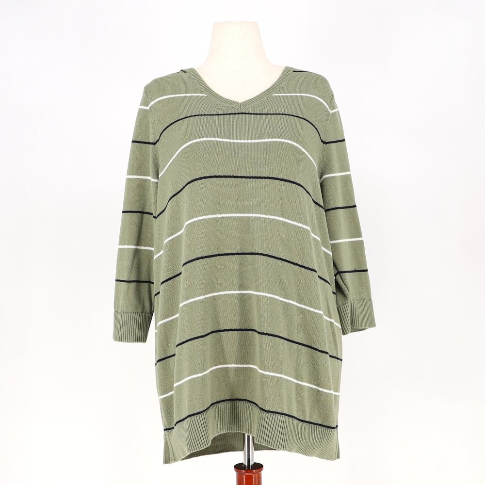 TALBOTS Double V-Neck Tie Back Stripe Sweater in Sage Green Size 1X